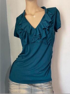 Studio Y Teal Ruffle V-Neck Blouse